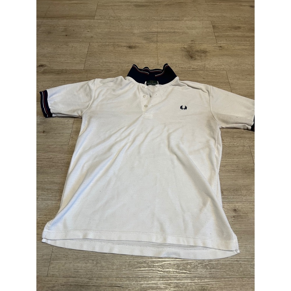 Fred Perry Mens White Polo Shirt Navy Red Tipping Size L Punk Oi! GBH Rancid